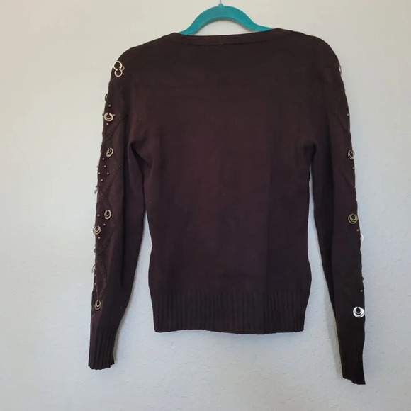 Yuka Womens Embellished Sweater Top Size Small Brown Bronze V-Neck Rayon Blend - Picture 3 of 7